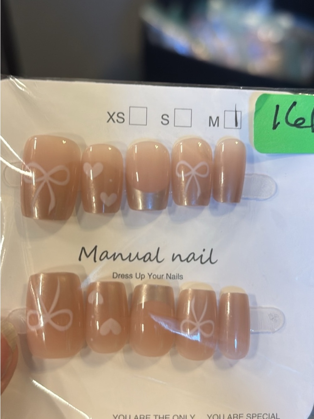 Nude Press-On Nail Set with White Bow & Heart Accents